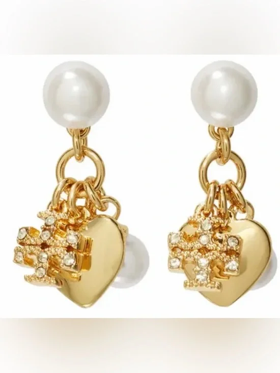 Authentic Tory Burch Gold Pearl Drop Heart Cluster Earrings - Women Jewelry New - Picture 3 of 6